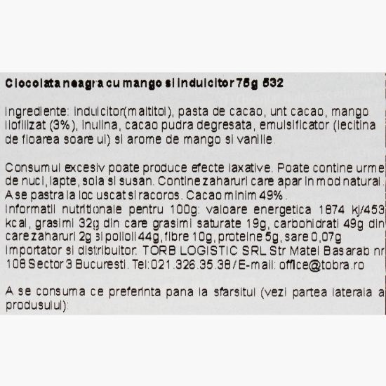 Ciocolată neagră cu mango, fără zahăr adăugat 75g