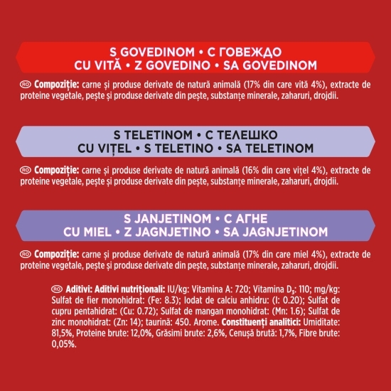 Hrană umedă pentru pisici, 6x50, cu vită, vițel și miel