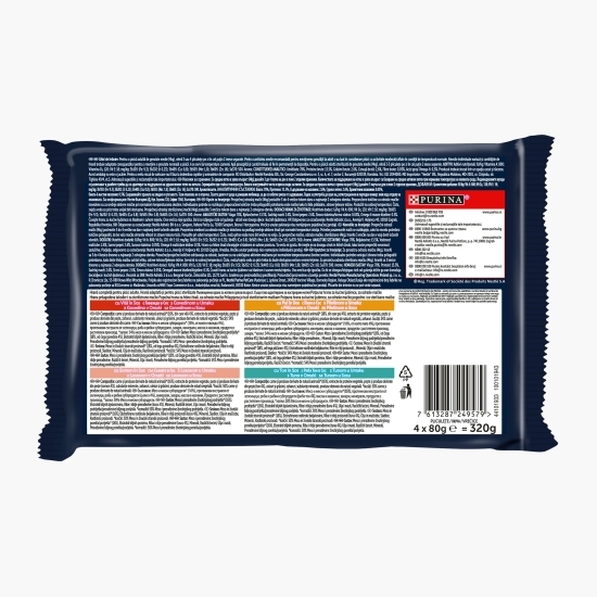 Hrană umedă pentru pisici adulte Tasty Shreds, 4x80g, mix de arome (vită, pui, somon și ton)