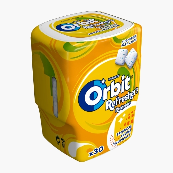 Gumă de mestecat Refreshers Tropical fără zahăr, cu îndulcitori și arome de fructe 30 buc, 67g
