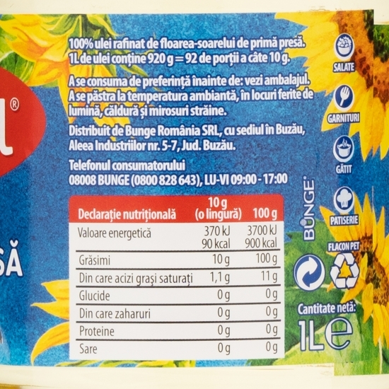 Ulei rafinat de floarea-soarelui de primă presă 1l