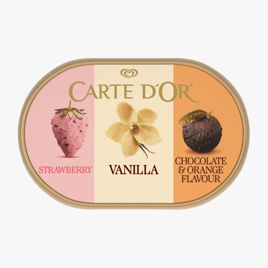 Înghețată de căpșuni, vanilie, ciocolată cu aromă de portocală 1.3l