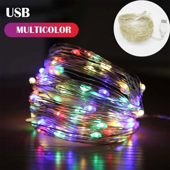 Instalație Crăciun, 2m, 20 LED-uri, multicolor, telecomandă 8 funcții, USB, fir cupru, liniar