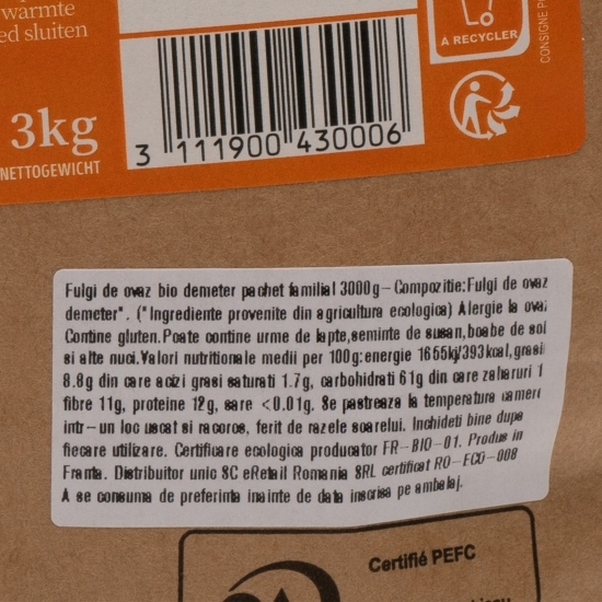 Fulgi de ovăz eco demeter pachet familial 3000g