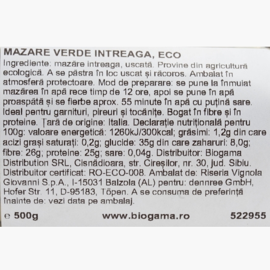 Mazăre verde întreagă eco, 500g