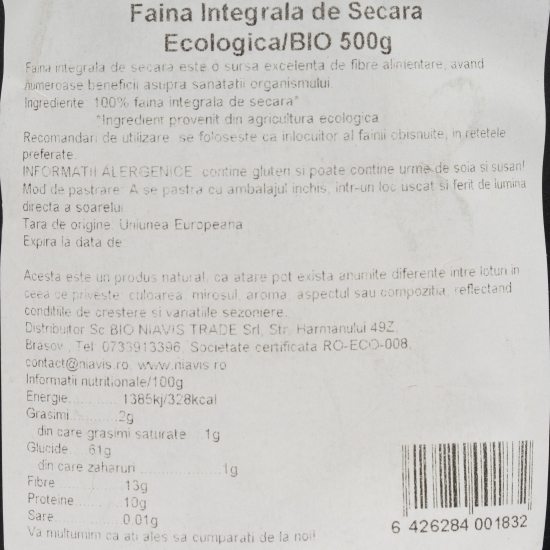 Făină integrală de secară ecologică 500g