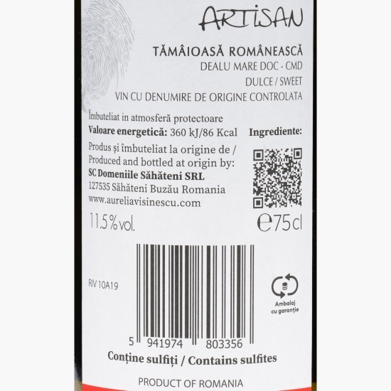 Vin alb dulce Tămâioasă Românească, 11.5%, 0.75l