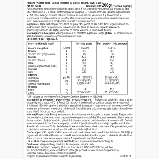 Cereale cu lapte și banană Noapte bună, 6+ luni, 200g 