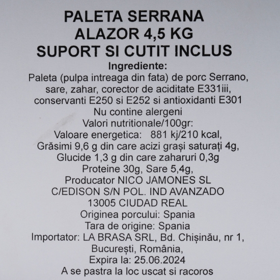 Pachet cadou Jamón Paleta Serrana Alazor 4.5kg + suport și cuțit, Jamoneria by Alioli