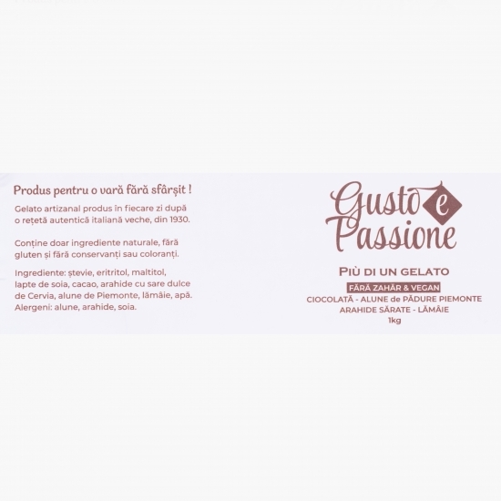 Înghețată italiană artizanală (gelato) ciocolată, alune pădure Piemonte, arahide sărate, lămâie, fără zahăr și vegan 1kg