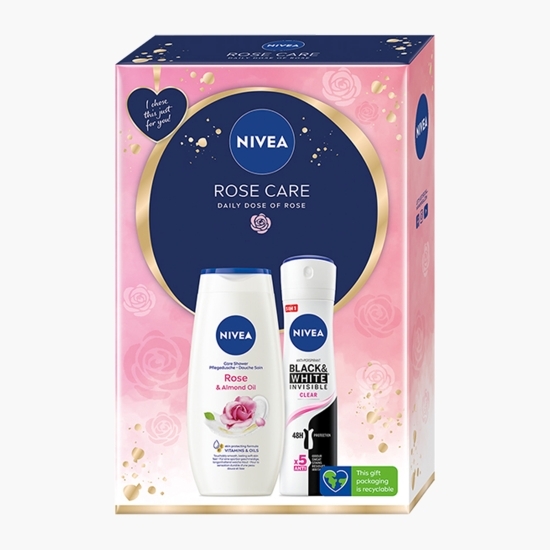 Set cadou: Gel de duș Care & Roses 250ml + Deodorant spray feminin Black & White Clear 150ml