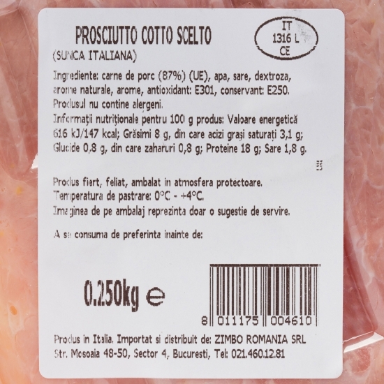 Prosciutto cotto, șuncă italiană feliată 250g
