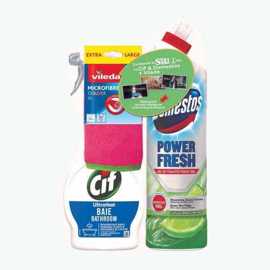 Pachet curățenie: Dezinfectant Gel Lămâie verde 0.7l + Spray Baie 0.5l + Pachet lavete microfibră