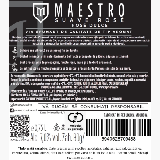Vin spumant rose dulce, Suave, 7%, 0.75l