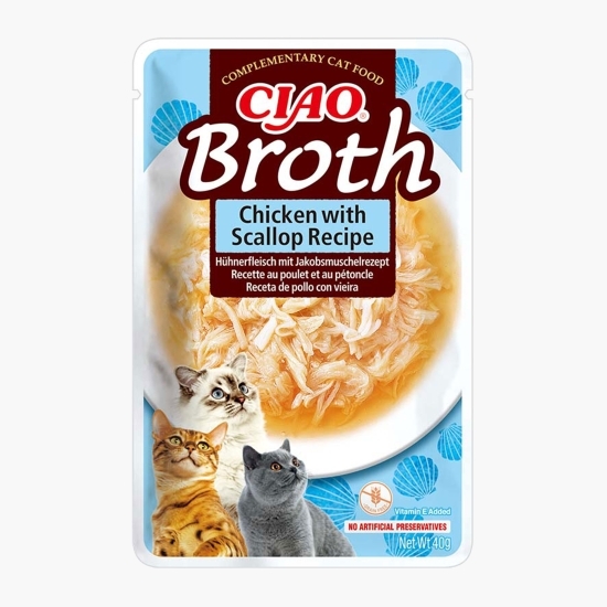 Hrană umedă pentru pisici Ciao Broth Pui & Scoici 40g