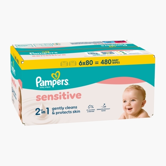 Șervețele umede pentru bebeluși, Sensitive, 6 pachete x 80 buc