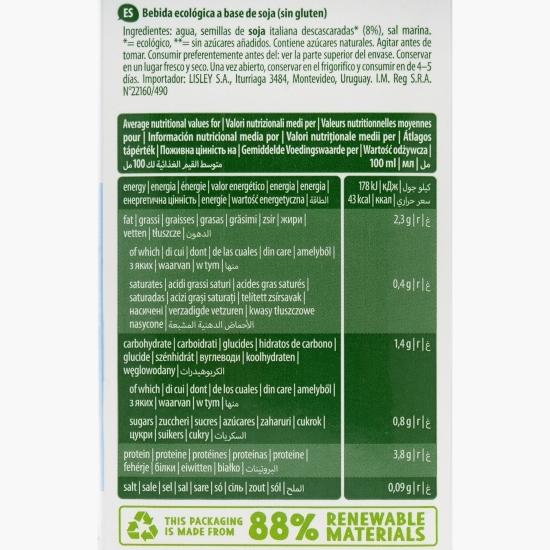 Băutură ecologică din soia fără gluten și zahăr adăugat 1l