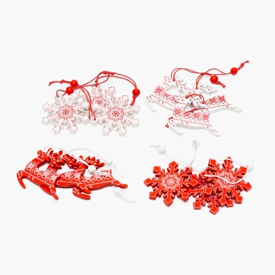 Set decorațiuni de Crăciun din lemn, model reni și fulgi de nea, 12 buc