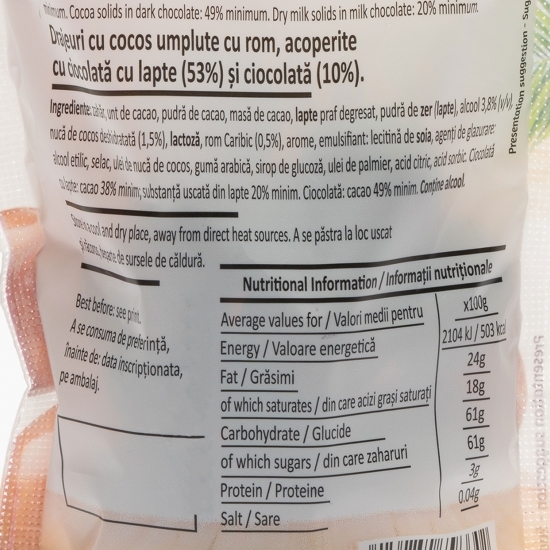 Drajeuri de ciocolată umplute cu rom și cocos 80g