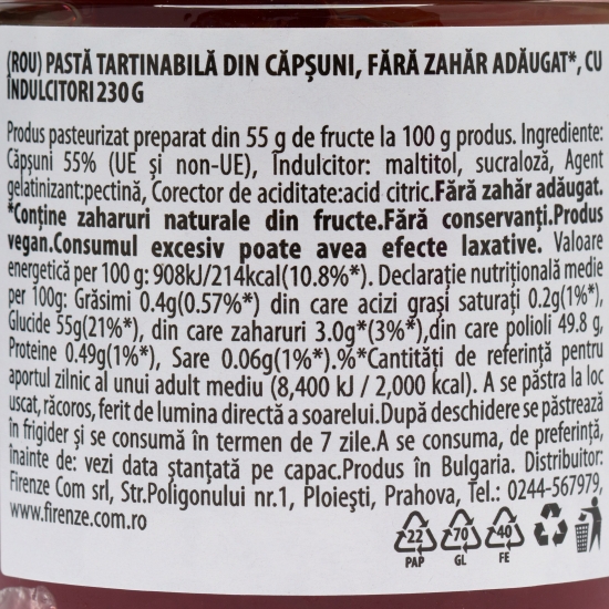 Pastă tartinabilă din căpșune, fără zahăr adăugat, cu îndulcitori 230g