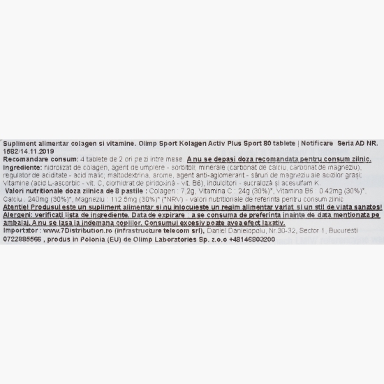 Supliment alimentar colagen și vitamine Kolagen Activ Plus, 80 tablete masticabile