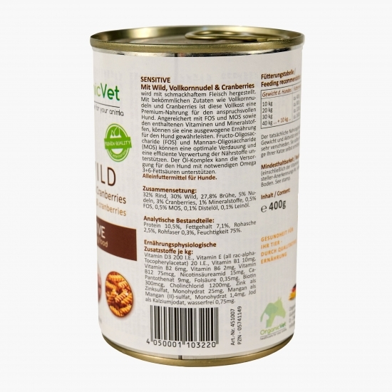 Hrană umedă pentru câini Sensitive, 400g, vânat, merișoare și paste