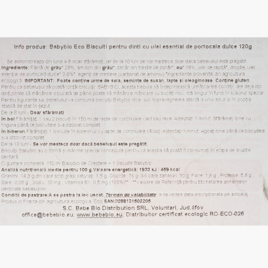 Biscuiți eco pentru dinți cu ulei esențial de portocală, 8+ luni, 120g