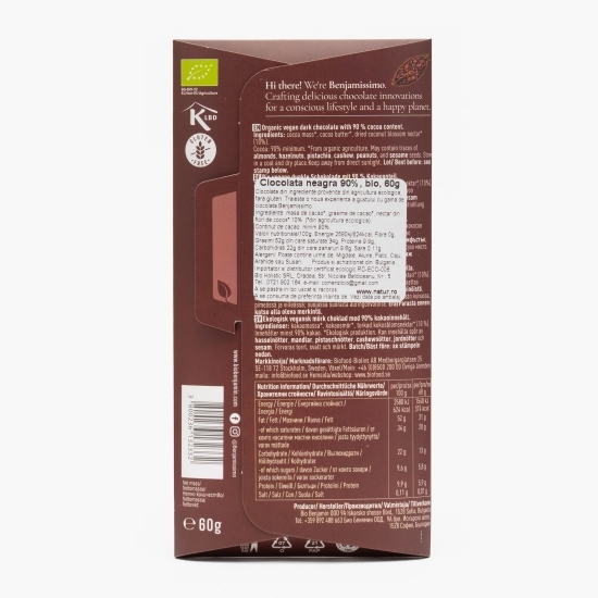 Ciocolată neagră eco 90% cacao, 60g