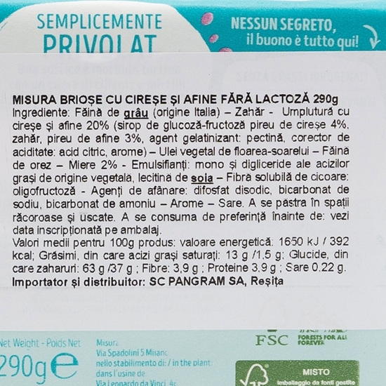 Brioșe cu cireșe și afine fără lactoză 6 bucăți, 290g