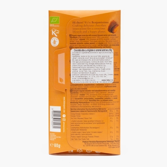 Ciocolată albă eco, cu migdale și caramel sărat, 60g