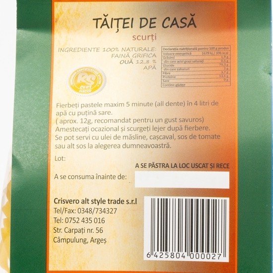 Paste de casă cu ou, tăiței scurți 250g