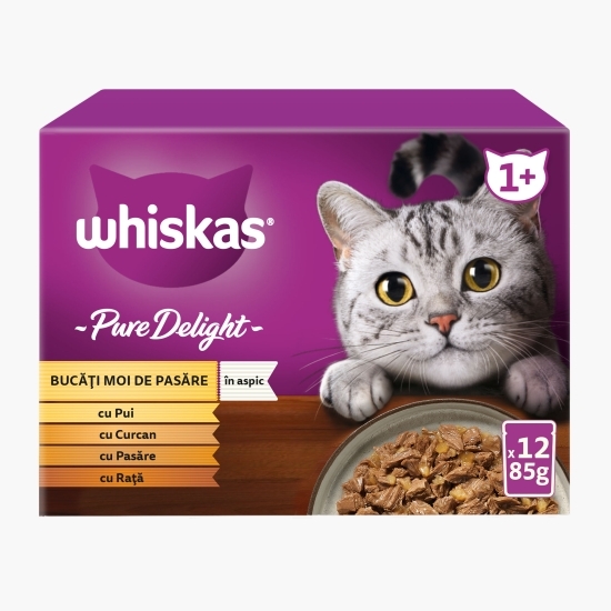 Hrană umedă pentru pisici adulte,12x85g, Pure Delight cu carne de pasăre în aspic