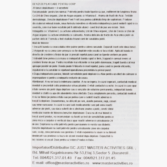 Benzi depilatoare pentru corp, 20 benzi de ceară + 4 șervețele