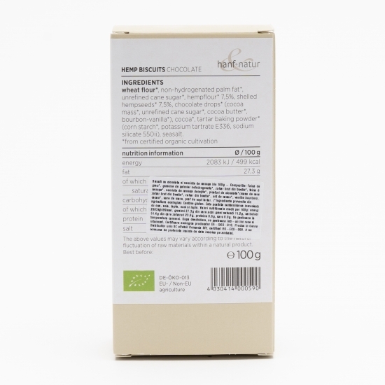 Biscuiți cu ciocolată și semințe de cânepă eco 100g