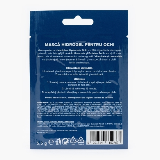 Mască hidrogel pentru ochi cu acid hialuronic și proteine aurii, Hyaluronic Gold