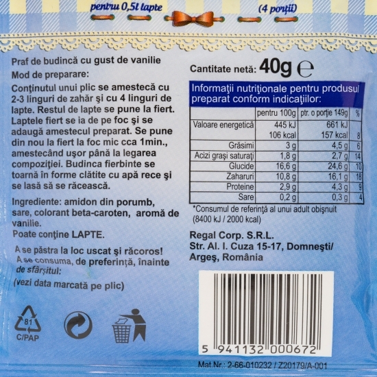 Praf de budincă cu gust de vanilie 40g