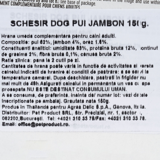 Hrană umedă pentru câini, 150g, Schesir cu pui și jambon