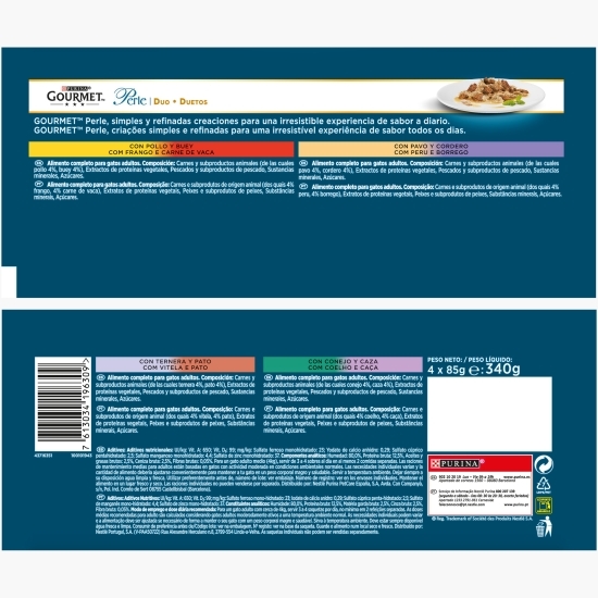 Hrană umedă pentru pisici, 4x85g, multipack Duet cu pui & vită/curcan & miel/vițel & rată/iepure & vânat în sos