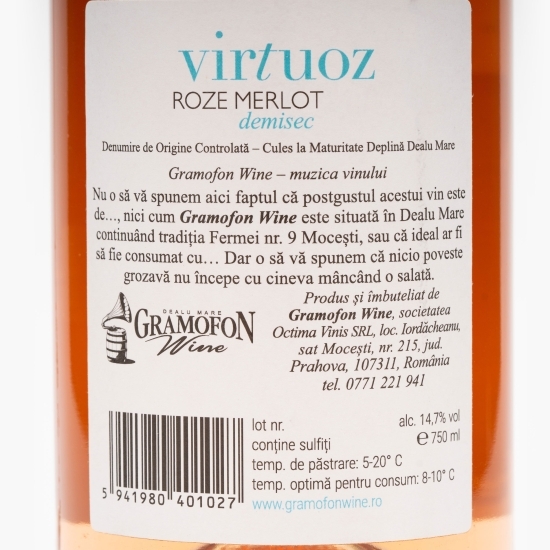Vin rose demisec Virtuoz Merlot, 14.7%, 0.75l
