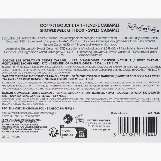 Set cadou Caramel coș: gel de duș 250ml + lapte de corp 200ml + scrub 500ml + perie de păr