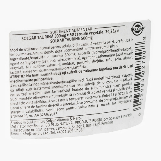 Taurină 500mg, 50 capsule vegetale