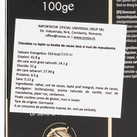 Ciocolată cu lapte cu boabe de cacao java și nuci de macadamia 100g