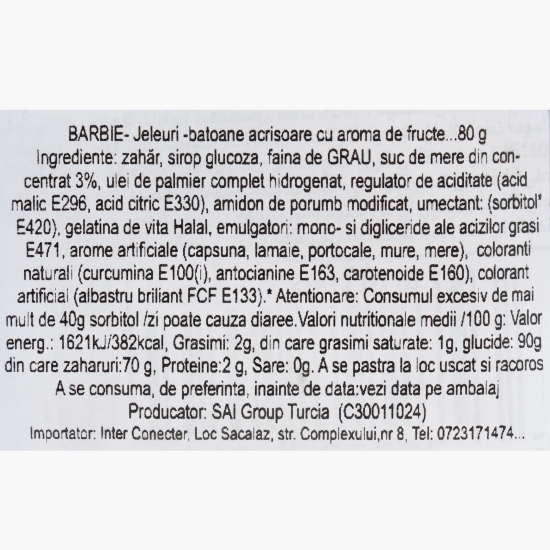 Jeleuri batoane acrișoare cu aromă de fructe Barbie Sparkles Sticks 80g