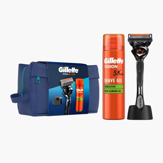 Set cadou Proglide: aparat de ras + gel de ras Fusion Ultra Sensitive 200ml + suport aparat de ras + trusă de voiaj