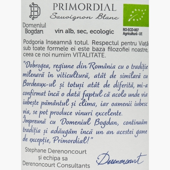 Vin alb sec eco Primordial Sauvignon Blanc, 13.5%, 0.75l