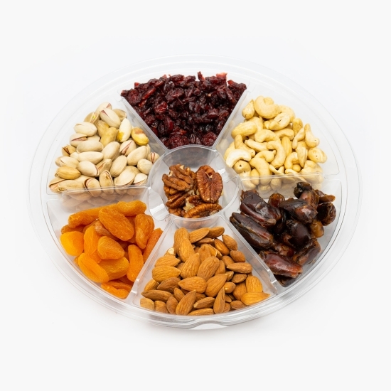 Tavă 7 sortimente: caju, migdale, fistic, pecan, curmale, caise, merișoare confiate