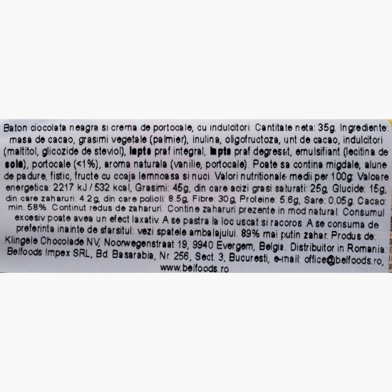 Baton ciocolată neagră cu portocale, fără zahăr adăugat 35g