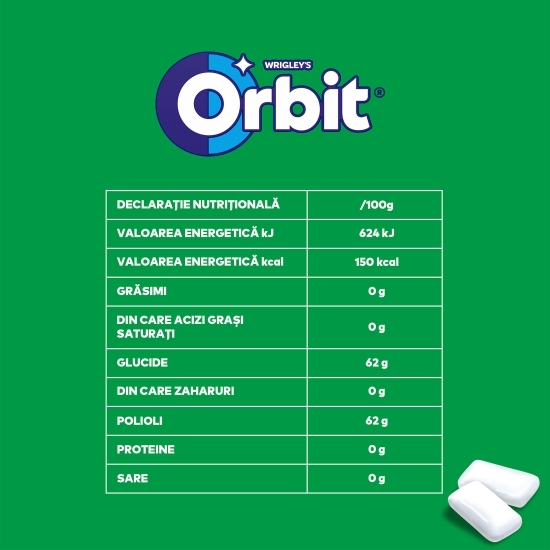 Gumă de mestecat Spearmint fără zahăr, cu îndulcitori și aromă de mentă 58g