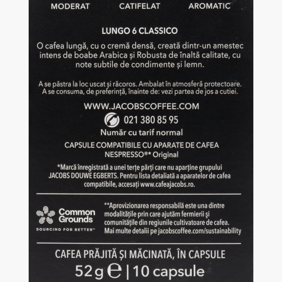 Lungo Classico 6, 10 băuturi 52g, capsule cafea compatibile Nespresso