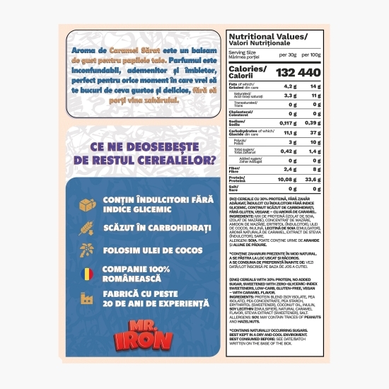 Cereale vegane cu aromă naturală de caramel sărat, cu 30% proteină, fără zahăr, low carb, fără gluten 250g